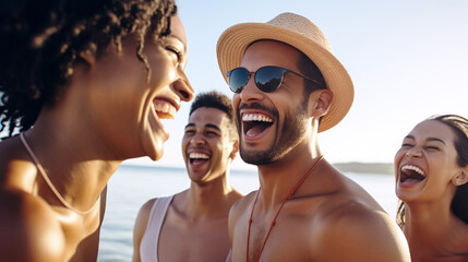 Obraz premium A group of young people on the beach - laughing together by a sunny day