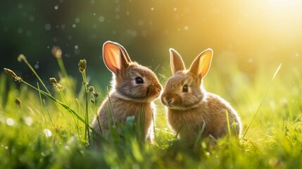 Cute little Easter bunnies in the sunny meadow. Two rabbits on a green grass in summer day. Happy Easter