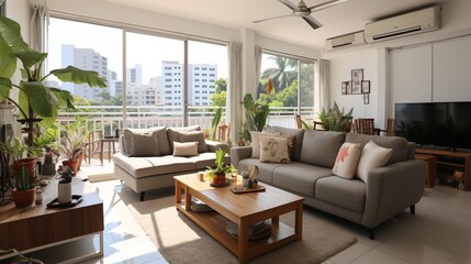 Fototapeta premium Bright and Airy Living Room with Plants and a View