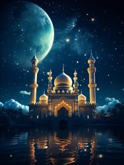 a mystical mosque emits light towards the sky against the background of the night sky, copy space - generative ai - obrazy, fototapety, plakaty