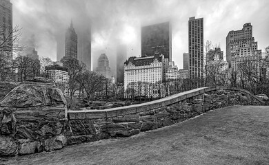 Gapstow Bridge in Central Park,foggy