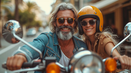 Happy couple riding a motorbike on the coast of the island of Capri in Italy - obrazy, fototapety, plakaty