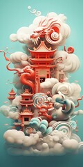 Surreal Chinese architecture with a dragon and clouds