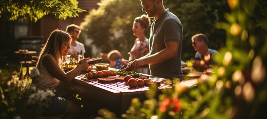 Family and friends having a barbecue in the backyard