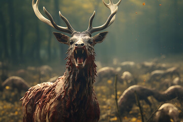 Zombie deer, Sick deer with zombie sickness in forest - obrazy, fototapety, plakaty