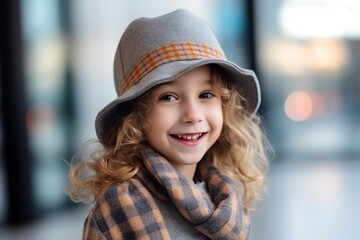 Portrait of a beautiful little girl in a hat and coat smiling