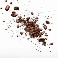 Coffee beans explosion on white background