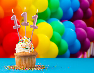 Birthday candle number 111 - Invitation card with balloons in colors of the gay pride march