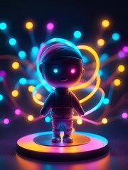 Neon lights futuristic technology background design with 3d cyborg robot character illustration. - 705325607