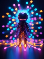 Neon lights futuristic technology background design with 3d cyborg robot character illustration. - 705325609