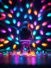 Neon lights futuristic technology background design with 3d cyborg robot character illustration. - 705325612