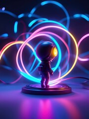Neon lights futuristic technology background design with 3d cyborg robot character illustration. - 705325652