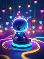 Neon lights futuristic technology background design with 3d cyborg robot character illustration. - 705325661