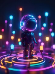 Neon lights futuristic technology background design with 3d cyborg robot character illustration. - 705325664