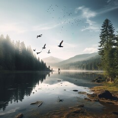Birds Flying Over Mountain Lake