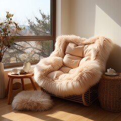 Fototapeta na wymiar Shaggy fur cream accent chair with matching ottoman