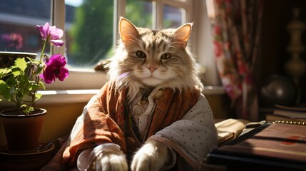 A cat wearing a shirt and necklace is sitting in front of a window