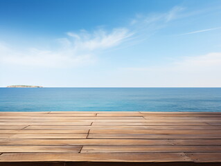 Fototapeta premium Wooden dock over calm blue ocean with distant island on the horizon