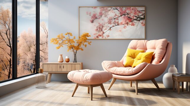 Elegant living room interior with pink armchair and cherry blossom painting