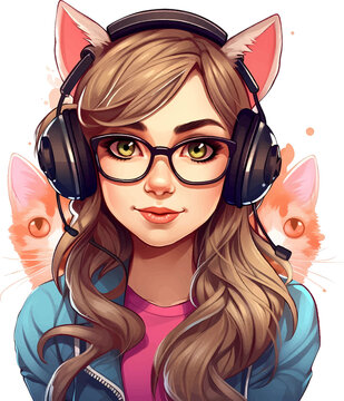 A Beautiful Gamer Girl In Glasses With A Cat Ear Headset, Isolated Clipart On A Transparent Background