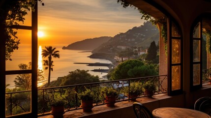 Fototapeta premium View of the bay from a beautiful and charming villa during sunrise