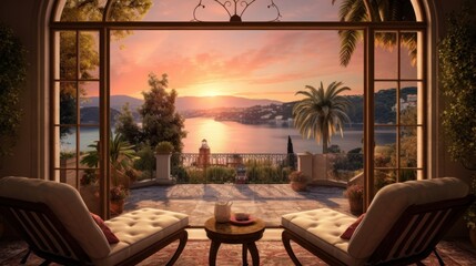 Obraz premium View of the bay from a beautiful and charming villa during sunrise