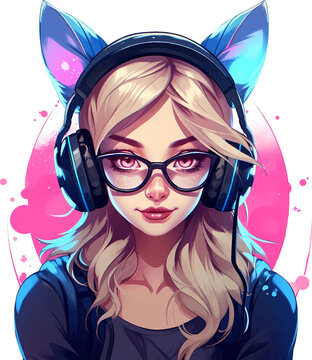 A Beautiful Gamer Girl In Glasses With A Cat Ear Headset, Isolated Clipart On A Transparent Background