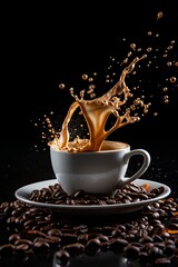Coffee Splashing from Cup with Coffee Beans Flying in the Air on Black Background