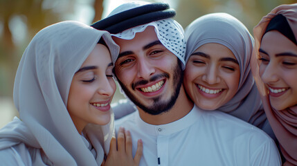 Arab Millionaire Sheikh in Traditional Attire with Wives Wearing Hijabs - obrazy, fototapety, plakaty