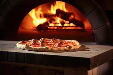 Foto op Plexiglas A pizzaiolo is making a pizza in a wood fired oven © Adobe Contributor