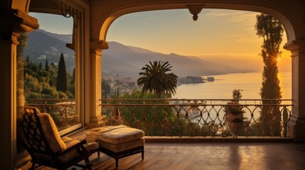 View of the bay from a beautiful and charming villa during sunrise