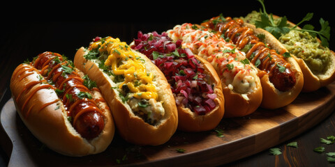  Gourmet Hot Dogs with Assorted Toppings on Wooden Board. Generative AI. - obrazy, fototapety, plakaty
