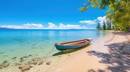 Wooden boat on a tropical beach with white sand and crystal clear water
