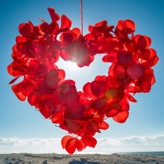 a large, red, petal-made heart hanging in the sky, backlit by the sun with a clear blue backdrop