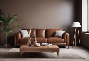 Home Interior With Brown Leather Sofa Empty Wall And Floor Lamp stock photoLiving Room Wall Building Feature Office Backgrounds