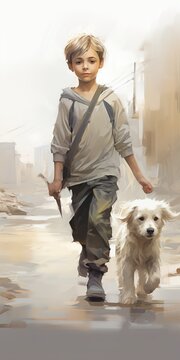 boy and dog in war-torn city