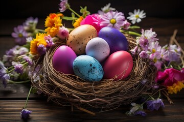 Fototapeta na wymiar Easter Celebration. Colorful Eggs and Flower Nest with Copy Space on Wooden Background