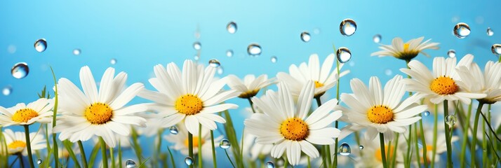 Chamomile Blossoms and Glistening Water Droplets Adorned Floral Banner on Tranquil Blue Background