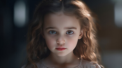 Fototapeta premium Close-up portrait of a beautiful little girl with long hair. Children's emotions. Design of studio covers, psychological tests, educational games.