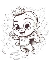 color space baby super herorunning coloring book page, white color