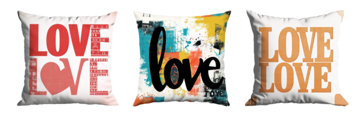 Love phrase on deco cushions over isolated transparent background