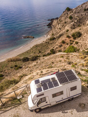 Rv camper on spanish coast. Aerial view