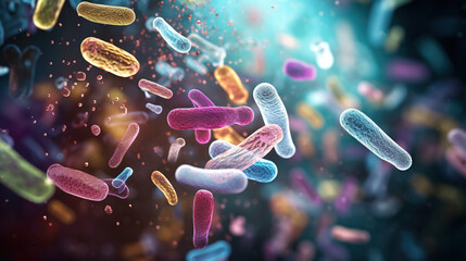 Probiotics and bacteria. 3D illustration of a gram-negative rod-shaped bacteria with a single polar flagellum. Biology and microscopic medicine. - obrazy, fototapety, plakaty