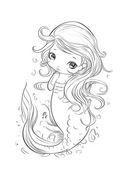 one line baby Mermaid full body with beautifful tail fish coloring book page ,white color background