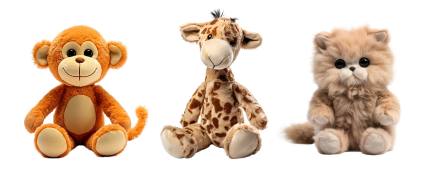 Set of cuddly toy of monkey, giraffe and cute cat over isolated transparent background