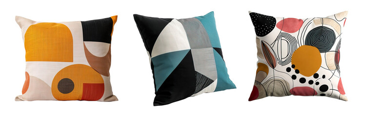 Set of colorful modern deco cushions with geometric shapes over isolated transparent background
