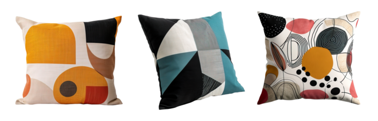 Set of colorful modern deco cushions with geometric shapes over isolated transparent background