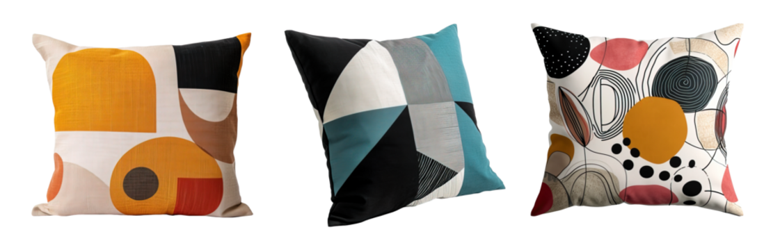 Set of colorful modern deco cushions with geometric shapes over isolated transparent background