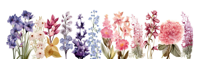 Watercolor spring flowers set isolated on white background. Set of different beautiful flowers on white background. Banner design.