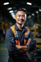 Fototapeta premium Portrait of a happy Asian male factory worker smiling
